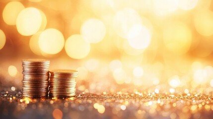 Shimmering stacks of coins create a striking visual against a golden backdrop, symbolizing financial abundance and luxury