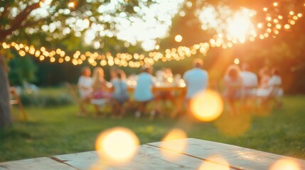 Guests gather for a delightful summer barbecue party in the backyard, enjoying food and each other's company as the sun sets