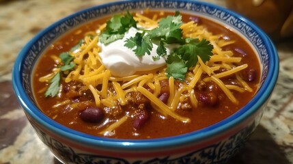 A comforting bowl of chili topped with shredded cheese, sour cream, and fresh cilantro, perfect for sharing.