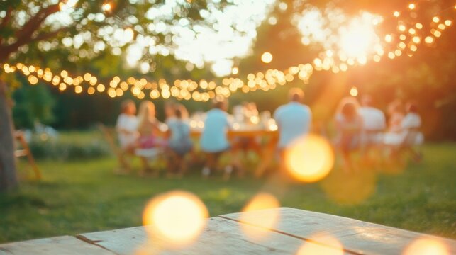 Guests gather for a delightful summer barbecue party in the backyard, enjoying food and each other's company as the sun sets