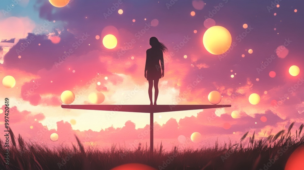 Aufkleber a person stands alone on a narrow platform, silhouetted by a stunning sunset filled with vibrant col