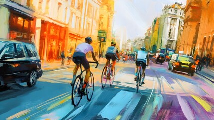 Obraz premium Vibrant Street Scene with Cyclists in Action