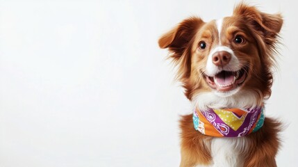 A cute dog with a colorful bandana, sitting obediently on a white background, tilting its head.