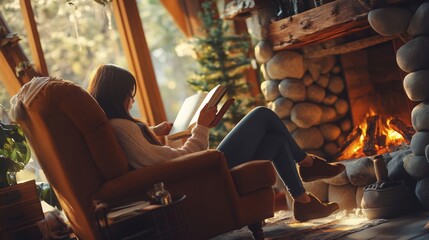 A person enjoys a quiet moment reading a book in a comfortable armchair by a crackling stone fireplace. Sunlight filters through large windows, illuminating the warm, inviting cabin interior.