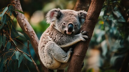 Obraz premium A koala clings to a tree branch amidst lush greenery.