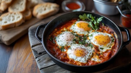A delicious shakshuka featuring poached eggs in a spicy tomato sauce, served with crusty bread for dipping.