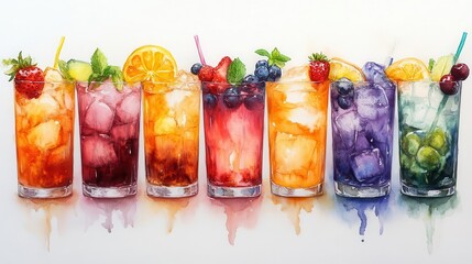 Rainbow Refreshments: Vibrant Watercolor Array of Tropical Cocktails