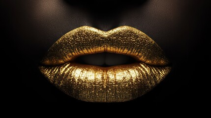Close-up of glamorous, shimmering gold lips against a dark background.