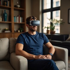 Obraz premium Man in VR headset sitting on a couch indoors