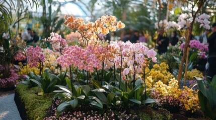 Obraz premium A group of orchids in bloom at a flower festival, attracting attention from visitors.