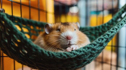 Obraz premium A hamster resting peacefully in a hammock inside its cage, looking calm and relaxed.
