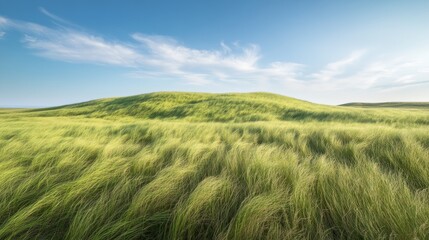 Obraz premium A serene landscape showcases highland grass hills, where tall green grass sways softly in the breeze. The sky is clear, enhancing the tranquility of the scene