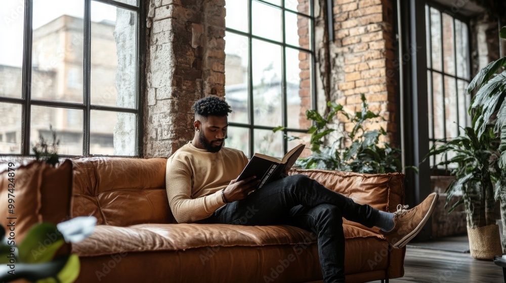 Aufkleber a man sits comfortably on a leather couch, engrossed in a book. sunlight streams through large windo