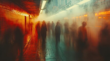 blurred figures on a subway platform create an atmosphere of movement and urban life the soft focus captures the hustle and bustle of city living evoking a sense of daily routine and transit