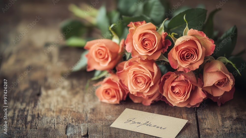 Poster A delicate bouquet of peach roses rests on a rustic wooden table, featuring a small handwritten note beside them. Generative AI