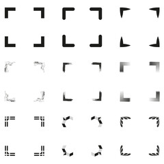Set of abstract corner frame designs. Variety of geometric, textured, and artistic corner elements in black and white.