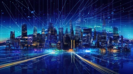 Cyberpunk Cityscape with Illuminated Skyscrapers and Digital Network