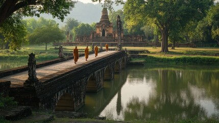 Fototapeta premium A peaceful scene of monks walking along a bridge at Wat Mahathat in the historical park of Sukhothai.