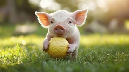 A piglet playfully nudging a toy ball, enjoying its playtime in a green pasture.