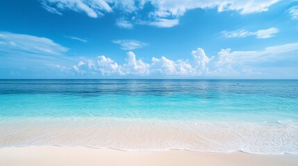 A tranquil tropical beach awaits, featuring crystal-clear turquoise waters gently lapping the soft white sands under a bright cloudless sky, inviting relaxation