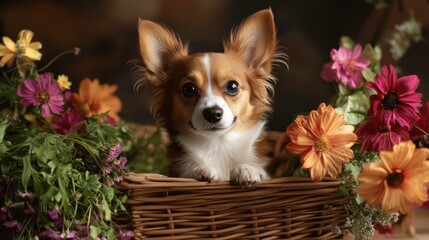 A puppy sitting in a wicker basket filled with flowers, looking curious and sweet.