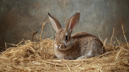 Obraz premium A rabbit sitting on a bed of straw with its ears flopping to the side, looking relaxed.