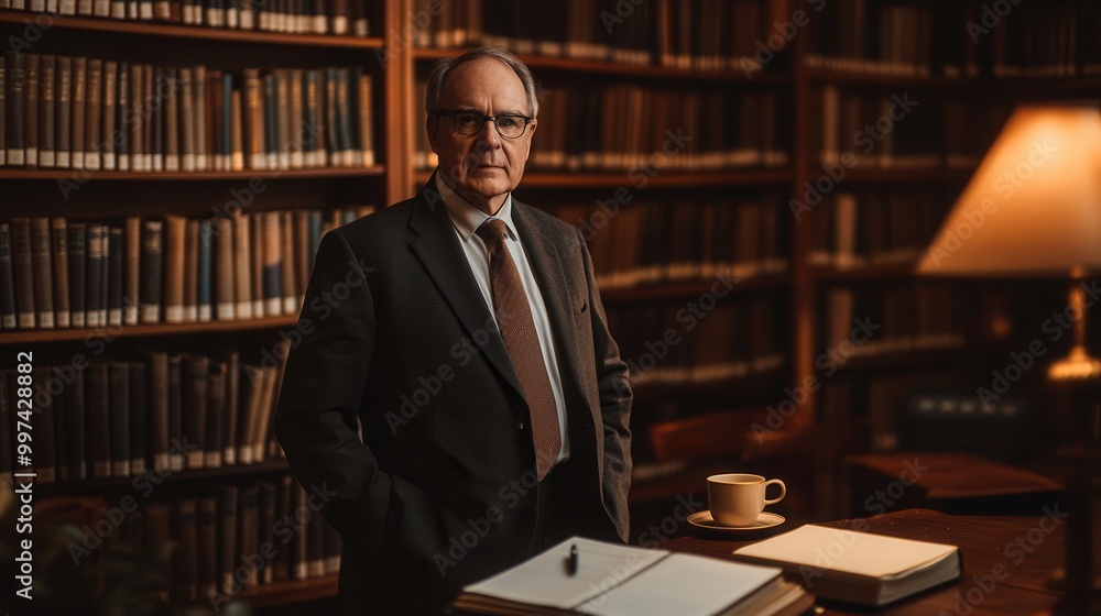 Poster the professor, dressed in a suit, exudes confidence while surrounded by a vast collection of books, 
