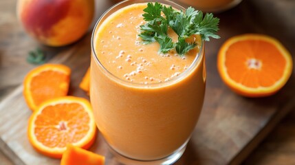 A refreshing orange and carrot smoothie, garnished with a sprig of parsley and served with fresh slices of fruit.