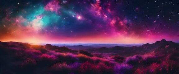 Naklejka premium Surreal Landscape with Colorful Nebula and Stars Over Mountains