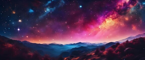 Fototapeta premium Starry Night Sky with Colorful Nebula over Mountain Range