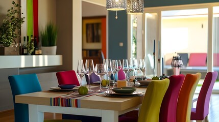 Bright and Cheerful Dining Space with Multicolor Chairs