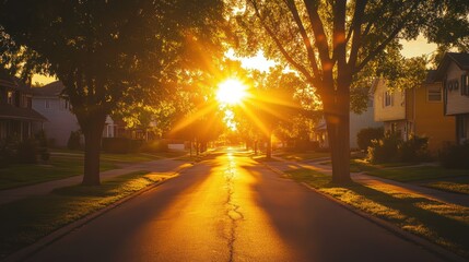 A serene sunset casts golden rays over a quiet suburban street, enhancing the tranquil atmosphere.