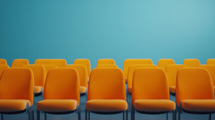 Fototapeta premium Bright orange chairs are arranged in neat row against vibrant blue background, creating striking visual contrast. scene evokes sense of modernity and organization.