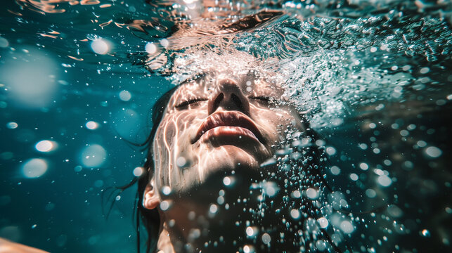Person underwater with eyes closed, holding breath, surrounded by rising bubbles. Crystal clear water, focused on subject