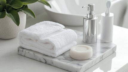 Fototapeta premium A set of elegant bathroom supplies, including a marble soap dish, sleek toothpaste dispenser, and soft cotton hand towels.