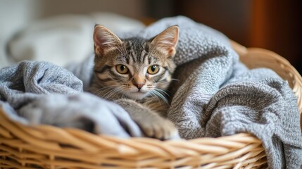 A small cat sitting in a basket of laundry, looking cozy and playful among the soft clothes.