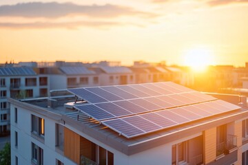 Modern eco-friendly passive house with solar panels at sunset in a bustling urban area