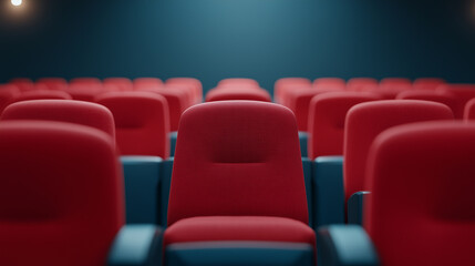Obraz premium image features row of red theater seats arranged in cinematic setting, creating sense of anticipation and excitement for upcoming show.