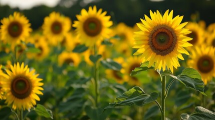 Fototapeta premium A field of sunflowers, their bright yellow faces turned towards the sun