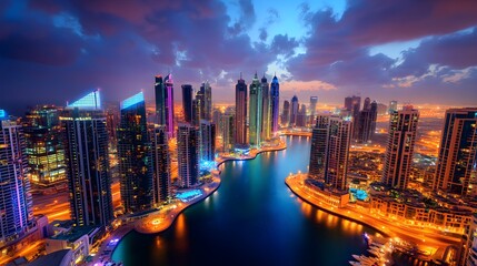 Obraz premium Stunning View of Dubai's Dramatic Skyline at Dusk