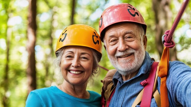 A happy senior couple wearing safety helmets and harnesses, enjoying a ziplining adventure in the forest. They smile brightly while embracing the thrill.