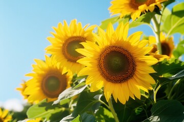 Obraz premium Bright sunflowers flourish in sunlight, creating a cheerful atmosphere against the backdrop of a clear blue sky. Generative AI