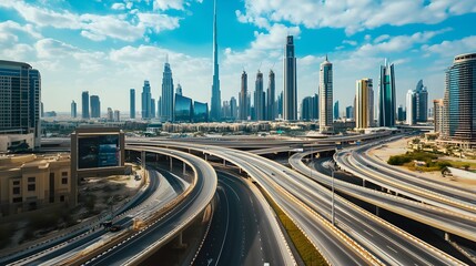Fototapeta premium Modern Aerial View of Dubai Road and Skyline