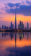 Obraz premium Twilight Scene of Dubai's Iconic Skyline Reflection
