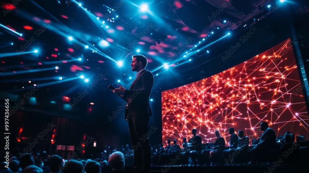Wall mural a man in a suit stands on stage, addressing a large audience. he is speaking into a microphone and g