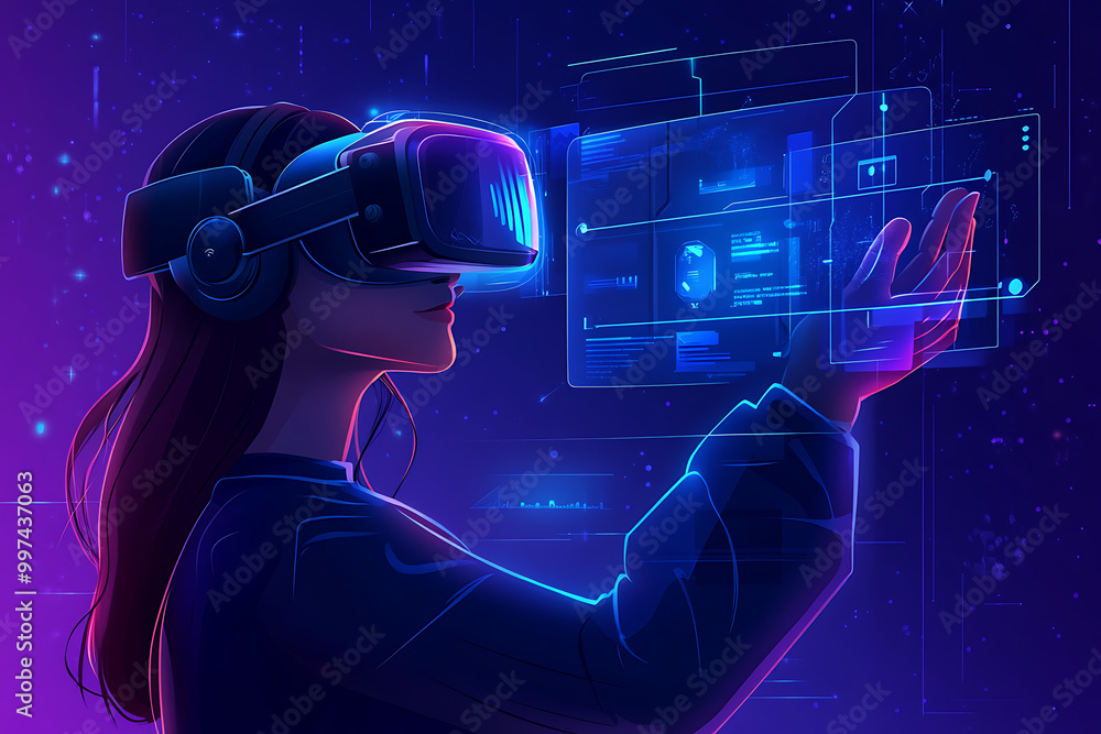 Poster a person using a virtual reality headset, interacting with holographic interfaces.