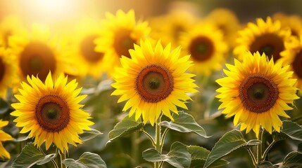 A field of sunflowers, their bright yellow faces turned towards the sun