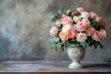 Fototapeta premium A classic bouquet features soft roses and carnations, elegantly displayed in a vintage ceramic vase on a rustic wooden table. Generative AI