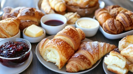 Fototapeta premium An assortment of breakfast pastries, including brioche and croissants, served with butter and jam.
