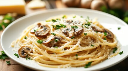 An elegant plate of pasta topped with creamy sauce and sweet honey mushrooms, garnished with fresh parsley and grated cheese.